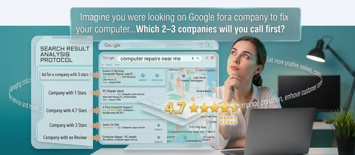 Google search results for 'computer repairs near me' comparing businesses by star ratings — 5-star and 4.7-star companies appear at top while 1-star and unreviewed businesses are ignored, showing how ratings determine which companies customers call first
